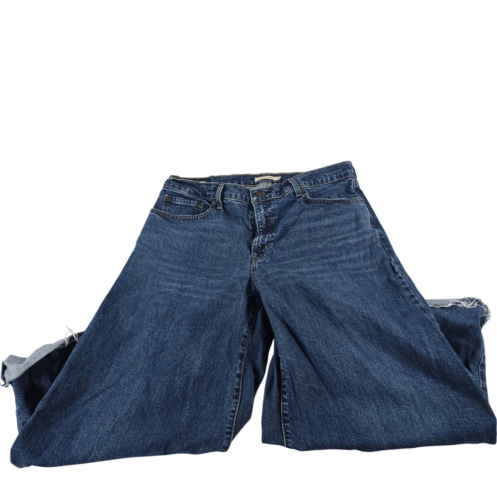 Levis Premium 728 High Rise Wide Leg Jeans Blue Raw Hem 34‎ 0039B-0004